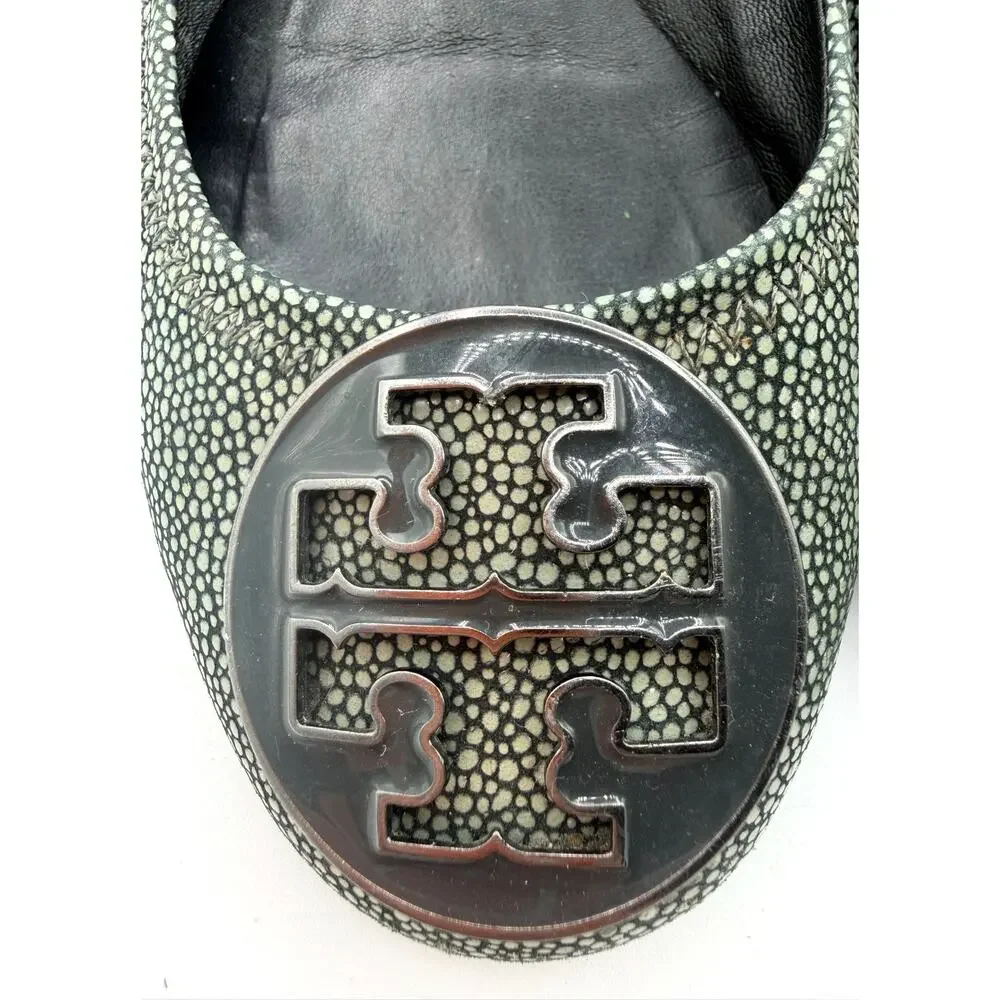 Tory Burch Gray Stingray Embossed Leather Reva Ballet Flats-Sz 7.5